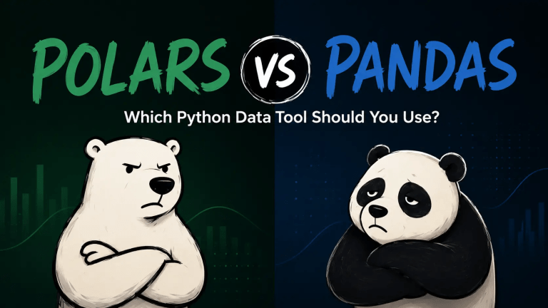 Polars vs pandas comparison showing two Python data tools represented by a polar bear and panda