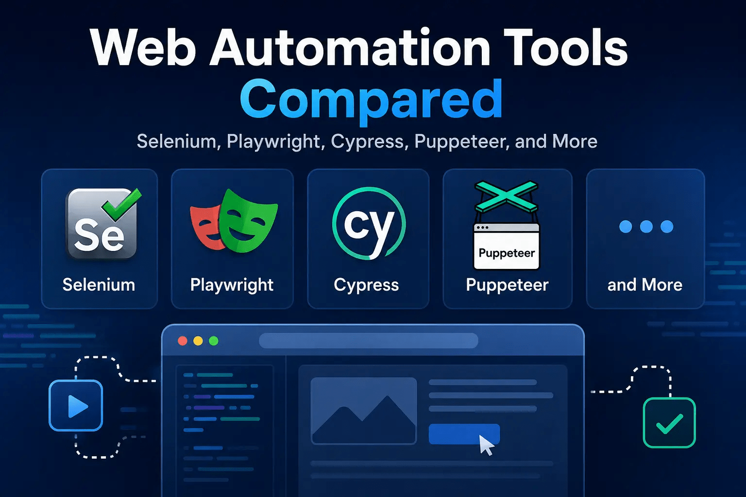 Web automation tools compared with Selenium, Playwright, Cypress, Puppeteer, and browser automation icons