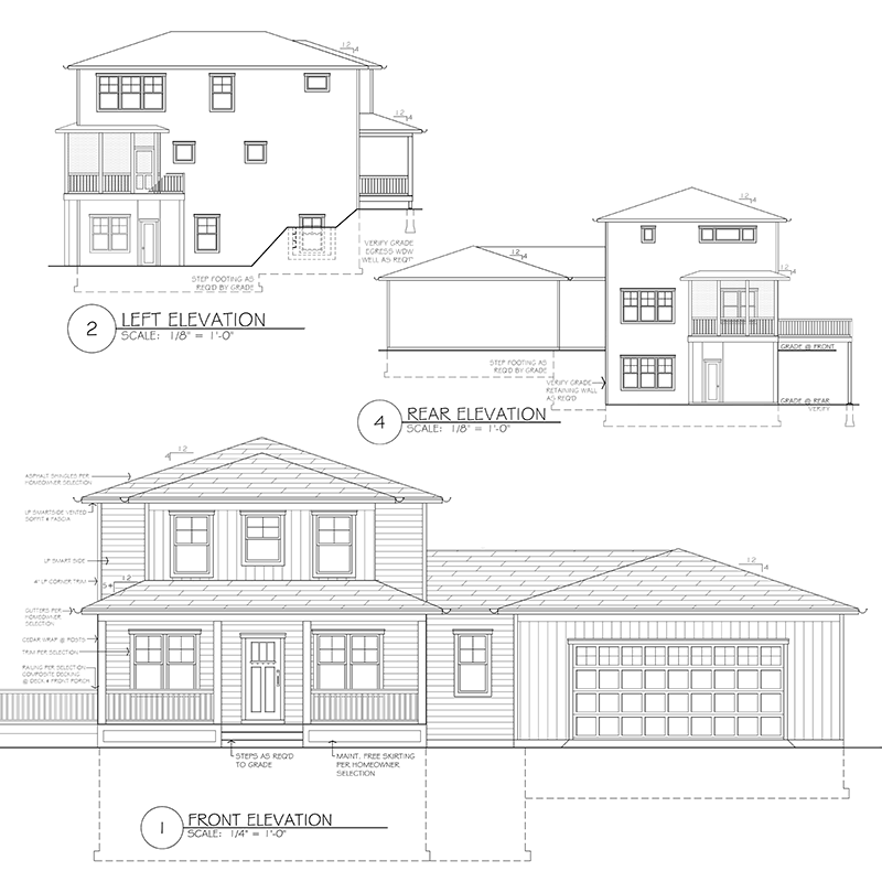 Architectural blueprint of a two-story house showing front, left, and rear elevations