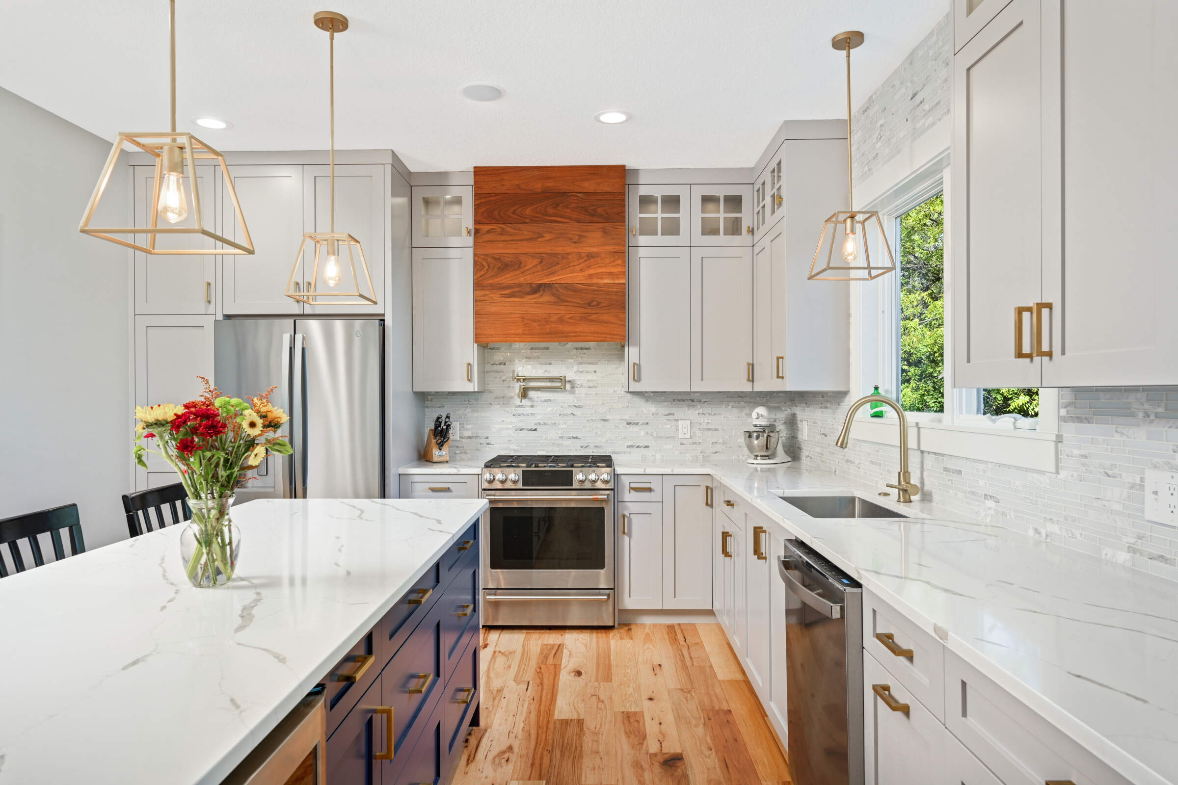 Remodeled gourmet kitchen with quartz island and stainless appliances, Glen Lake Minnetonka MN