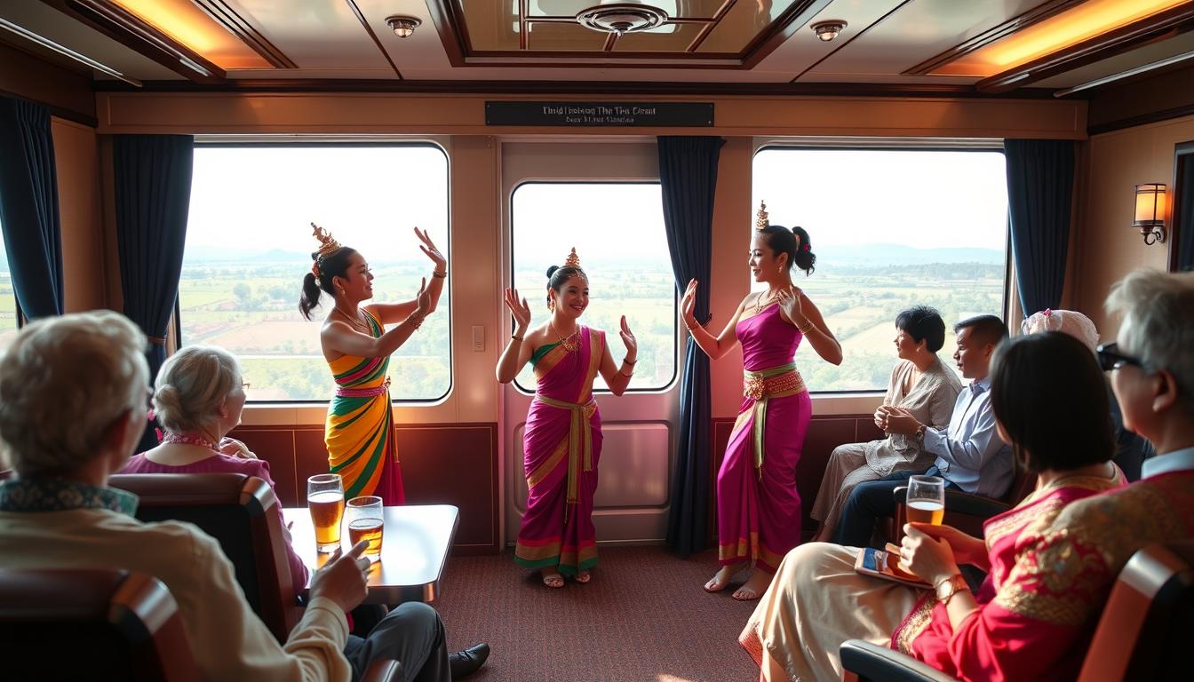 Traditional Thai cultural performance in the observation car of a luxury train to Chiang Mai