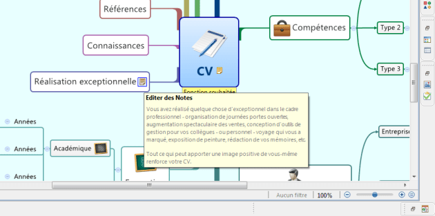Utilisation des notes explicatives dans le modèle de cv mindmap réalisé avec XMind
