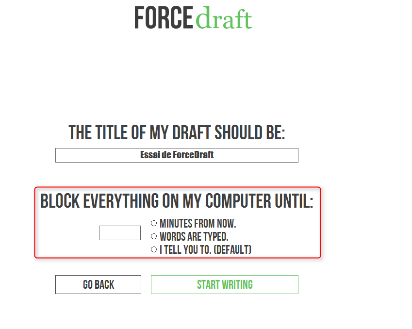 Menu per la selezione dell'obiettivo nell'app forcedraft per combattere la procrastinazione