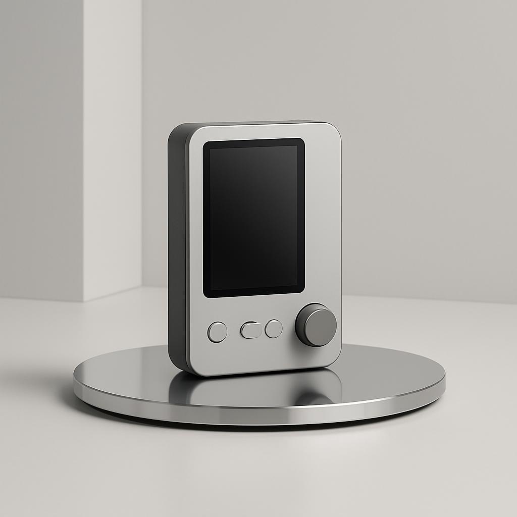 A silver, retro-style gaming device on a circular pedestal, with a screen, buttons, and a port at the bottom.