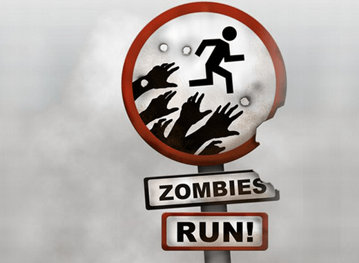 A circular sign shows a stick figure running, chased by reaching zombie hands. The sign has a bite mark on the upper right corner. Below, it reads "Zombies" and "Run!" in all caps. The background is foggy and grey.