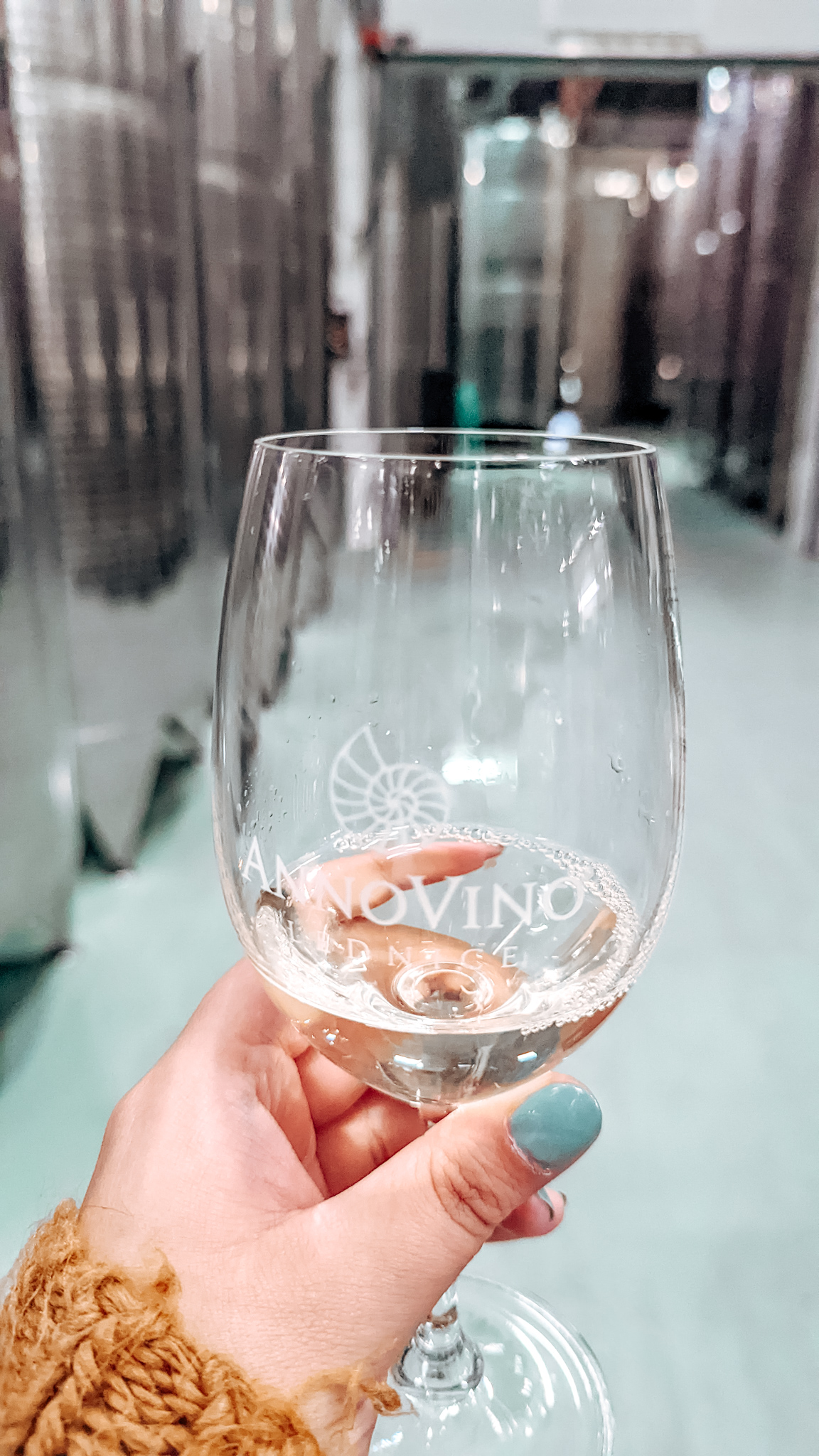 Louise's hand with turquoise blue nails holding a large wine glass with white wine inside. The wine glass clearly displays the name and logo Annovino Lednice Winery.