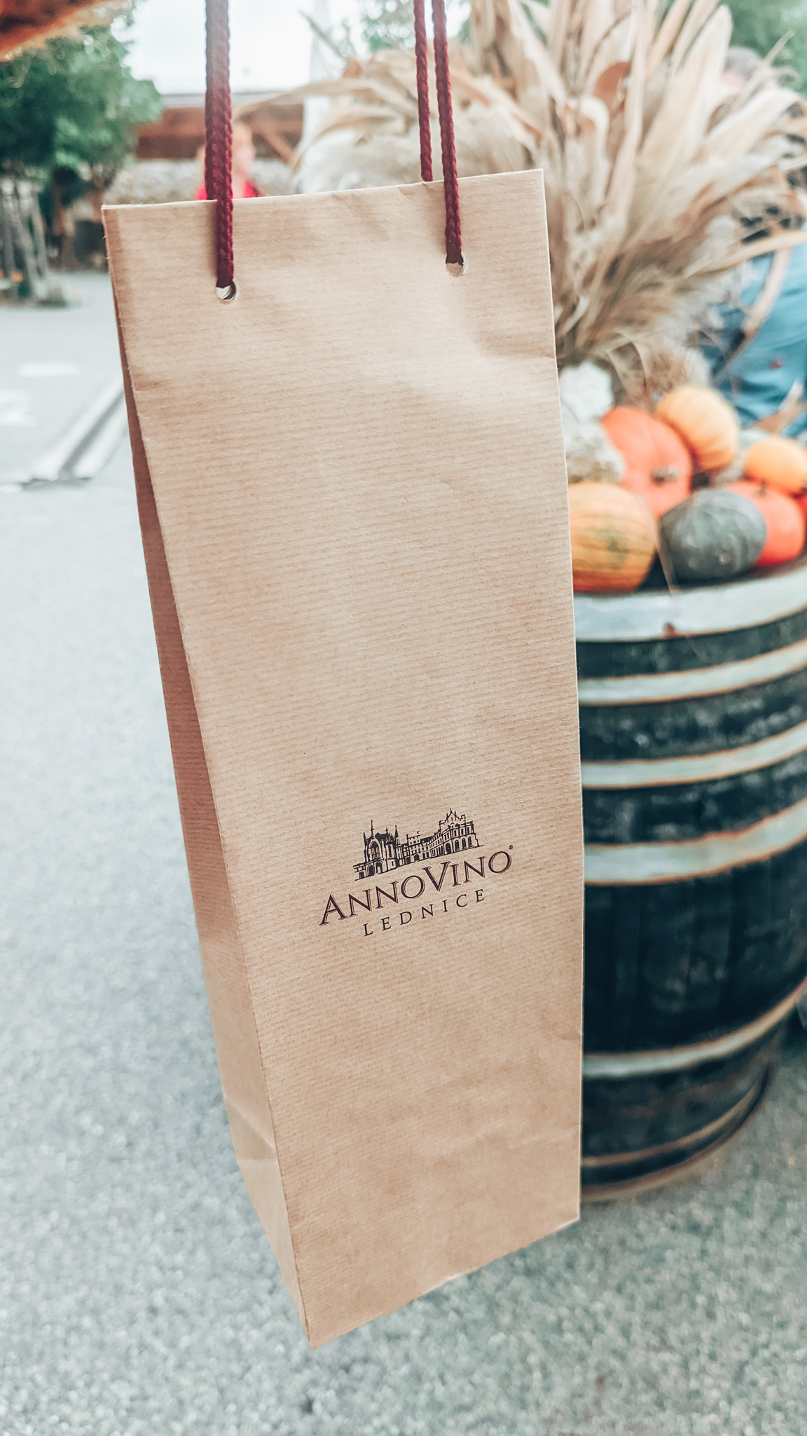 A brown paper bag with the Annovino Lednice Winery printed on front. The wine bag has a bottle of wine inside, and in the background there is a barrel with pumpkins sat on top.
