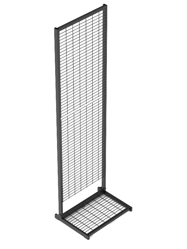 Freestanding gridwall rack side view for supermarket display
