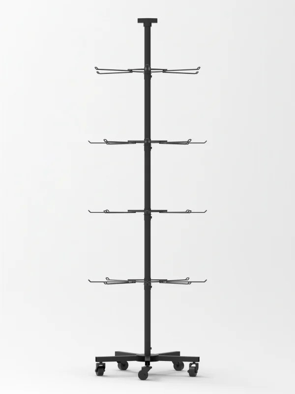 4-tier rotating display rack with caster base for supermarket merchandising