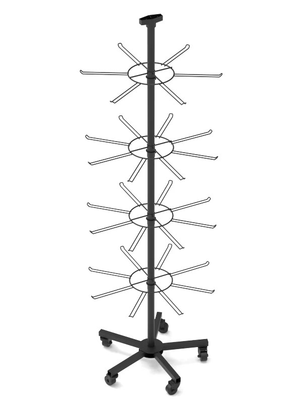 Angled view of 4-tier spinner display rack with wire hooks