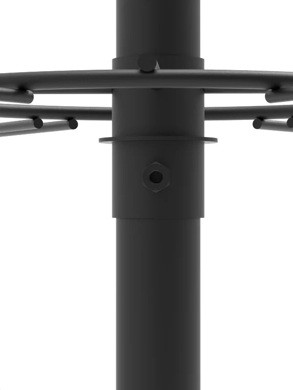 Close-up of rotating display rack hook ring and center tube connector