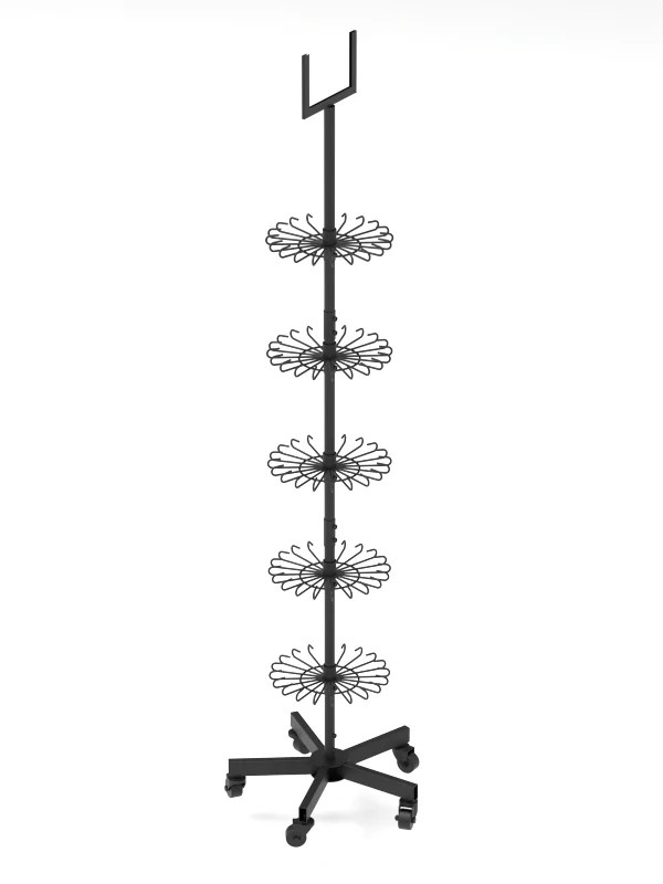 Angled view of 5-layer spinner display rack with wire hooks