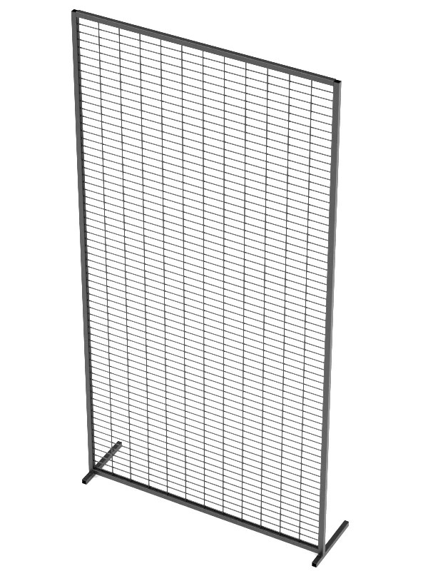 Side view of narrow metal grid panel display rack for aisle or sidekick display use