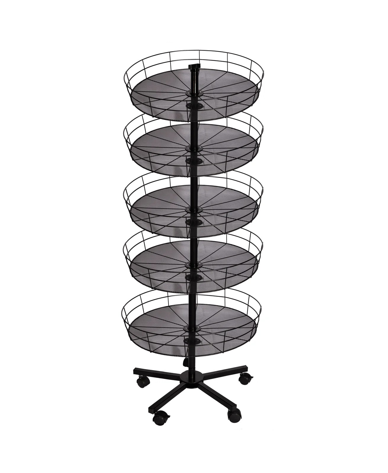 Wire mesh spinning display rack with metal trays