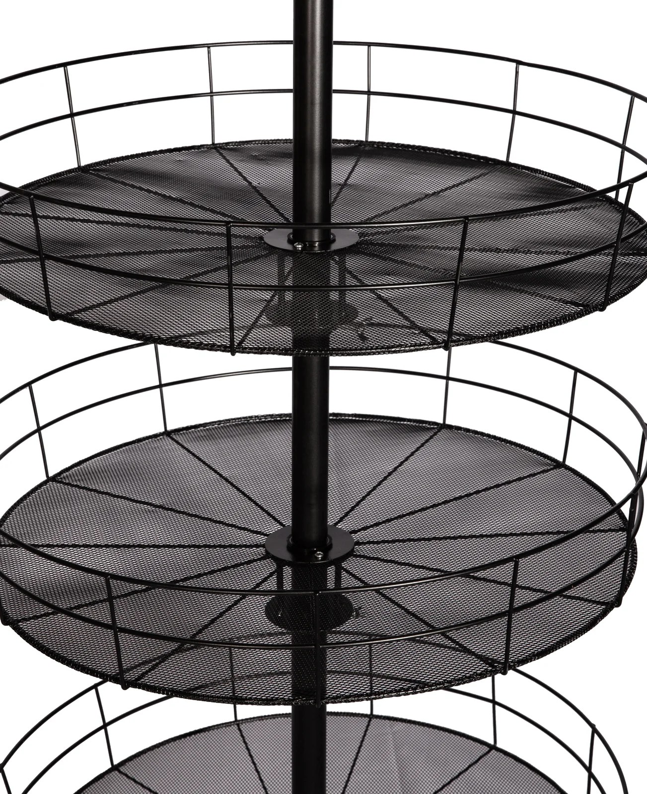 Powder-coated metal tray detail on spinning display rack