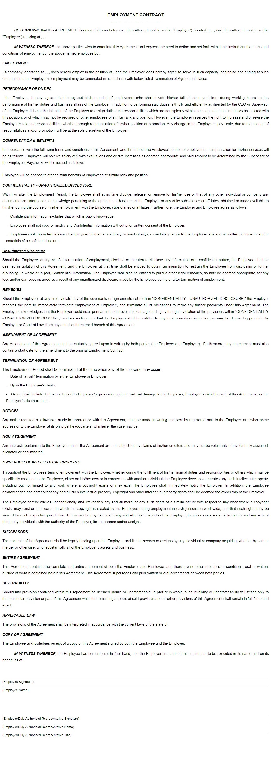 Free Employment Contract Template Employment Agreement Sample Pdf Online