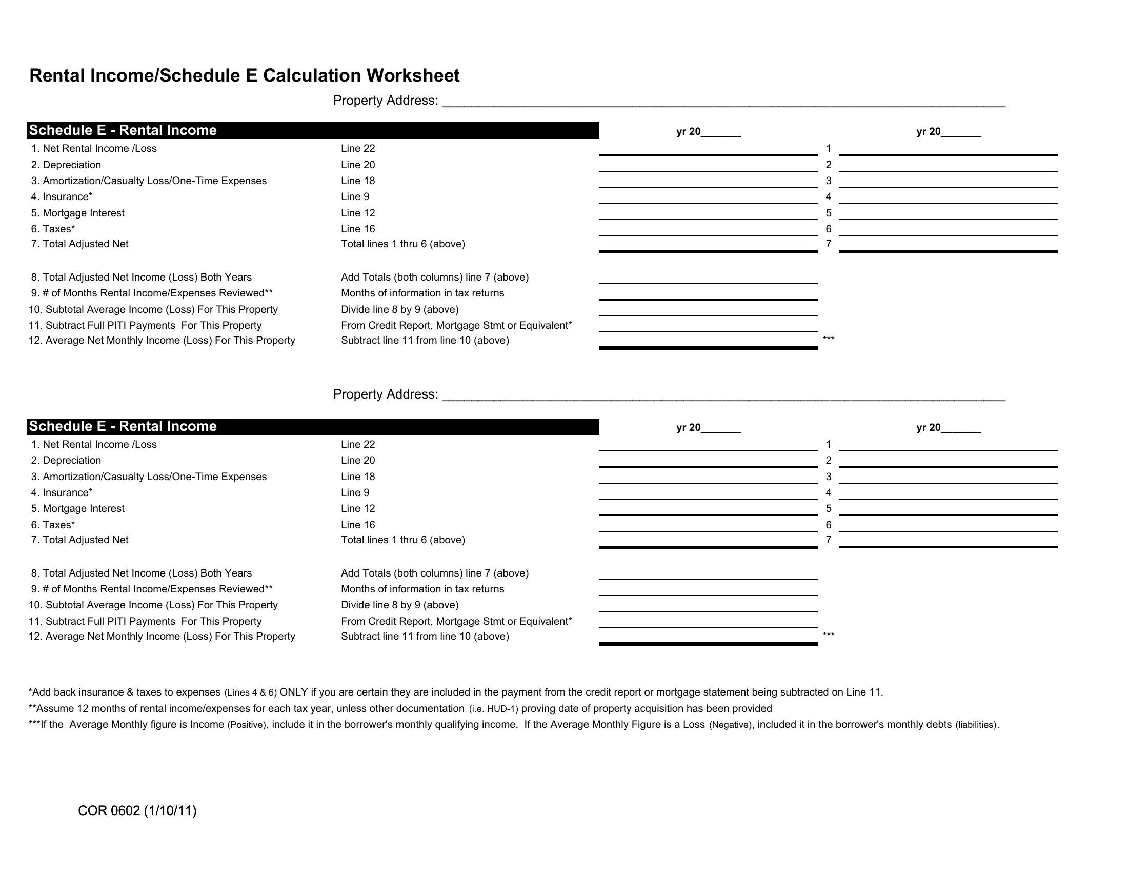 Schedule e calculation worksheet pdf form
