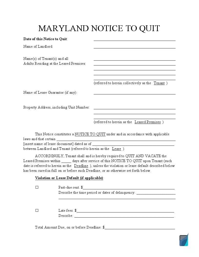 free maryland eviction notice forms md notice to quit formspal