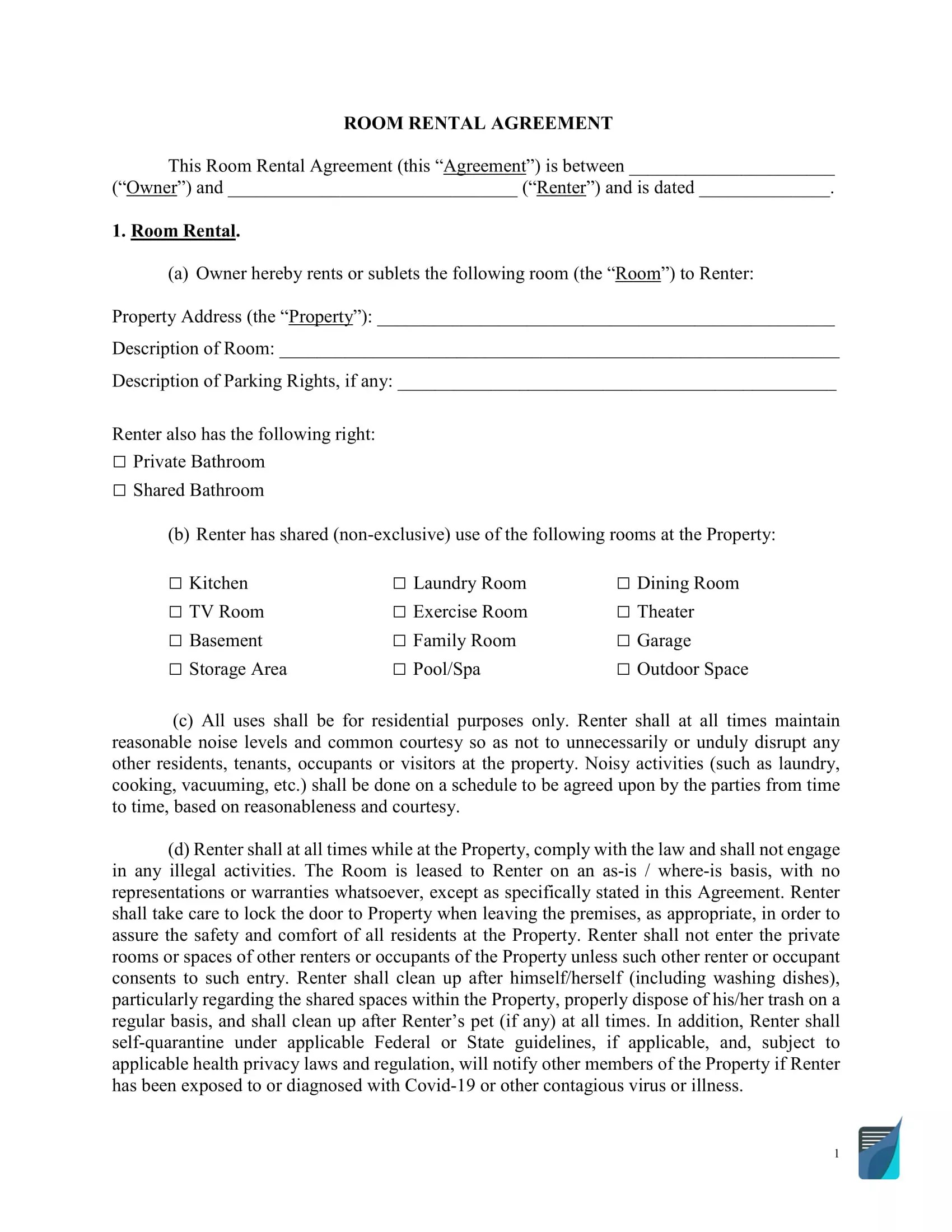 Room Lease Agreement Template