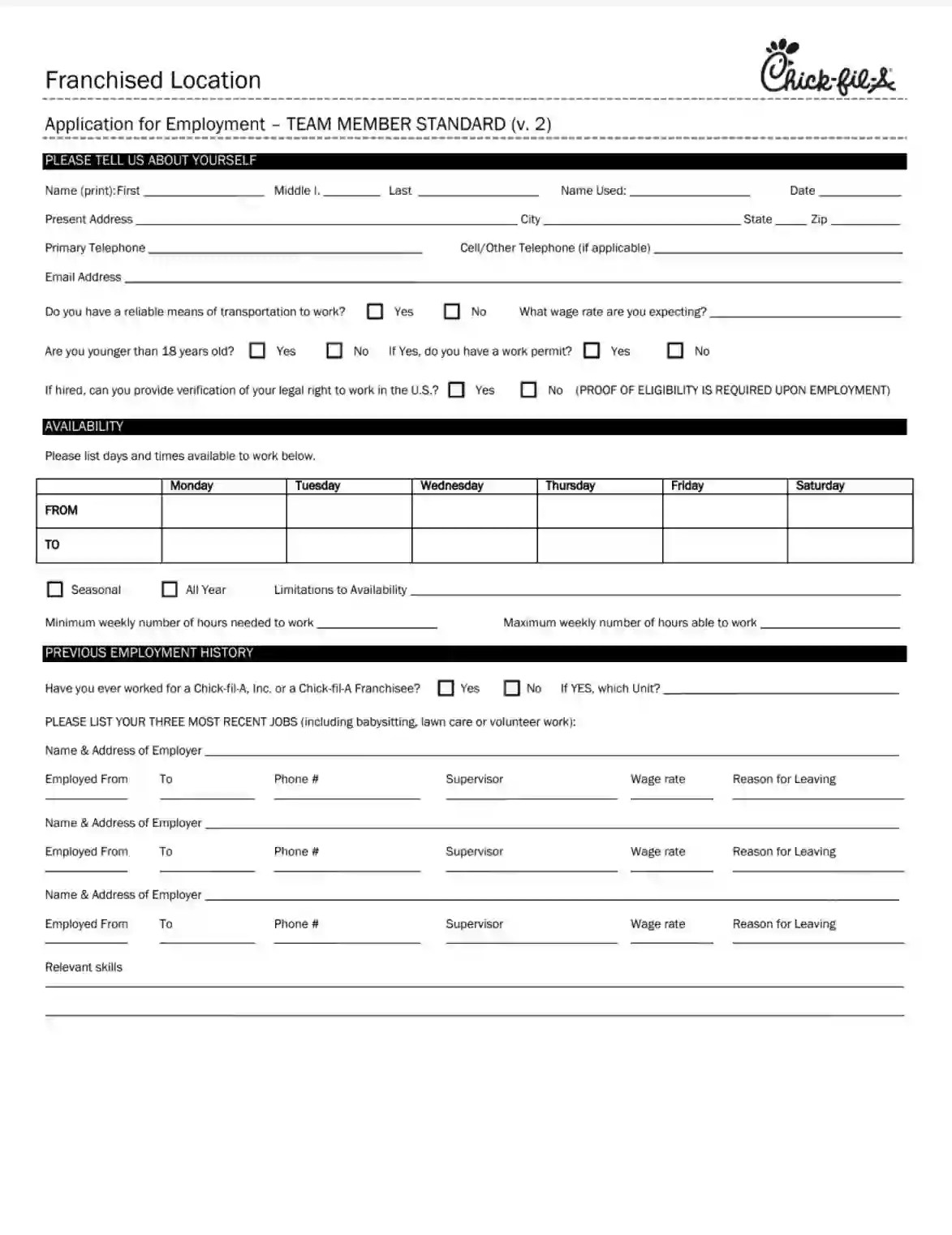 Generic Printable Employment Application