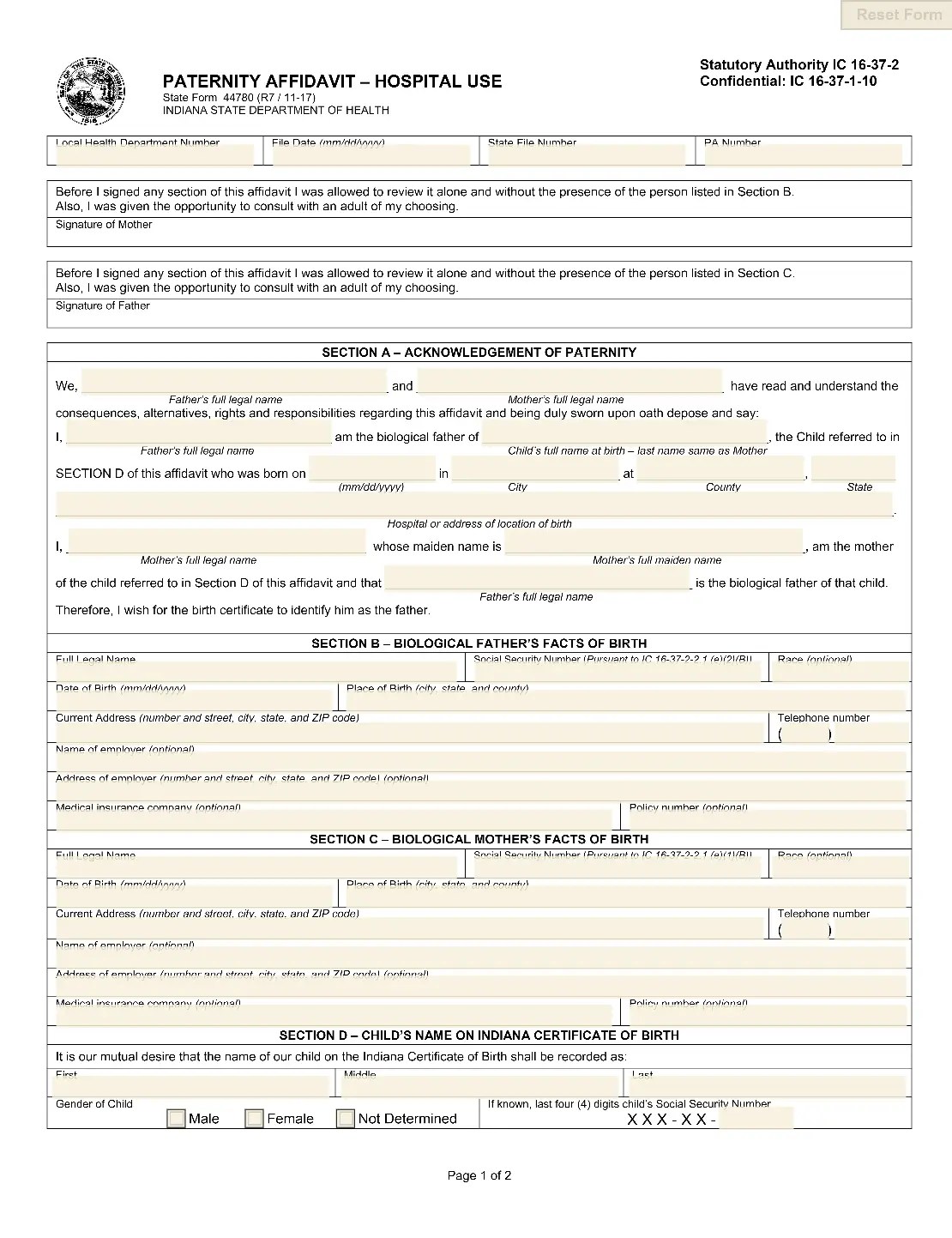 indiana paternity affidavit template in form 44780