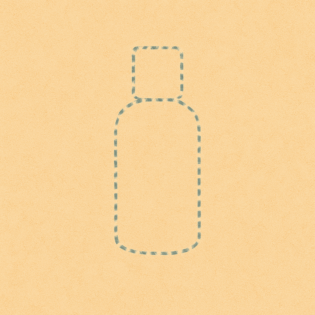 A cosmetic bottle drawn as a dashed outline, representing a product that was never made