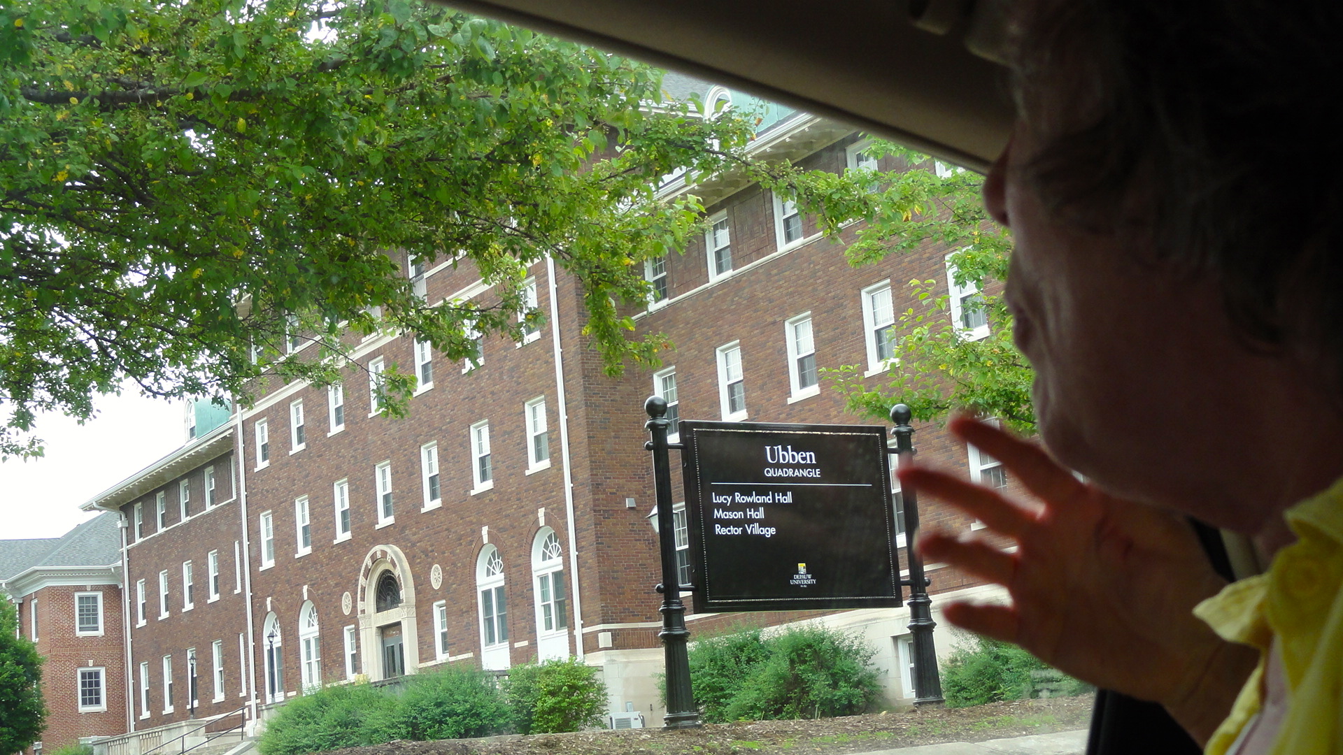 We found Mom's old dorm! Matt and I listened in amazement to her stories of 1960s college life, complete with curfews and candle ceremonies held to mark the occasion when a girl is "pinned" or becomes engaged. The girls would gather in a circle and pass a candle around -- the number of times had something to do with whether it was a pre-engagement pinning or full engagement -- and finally they would find out who it was when that person blew out the candle.