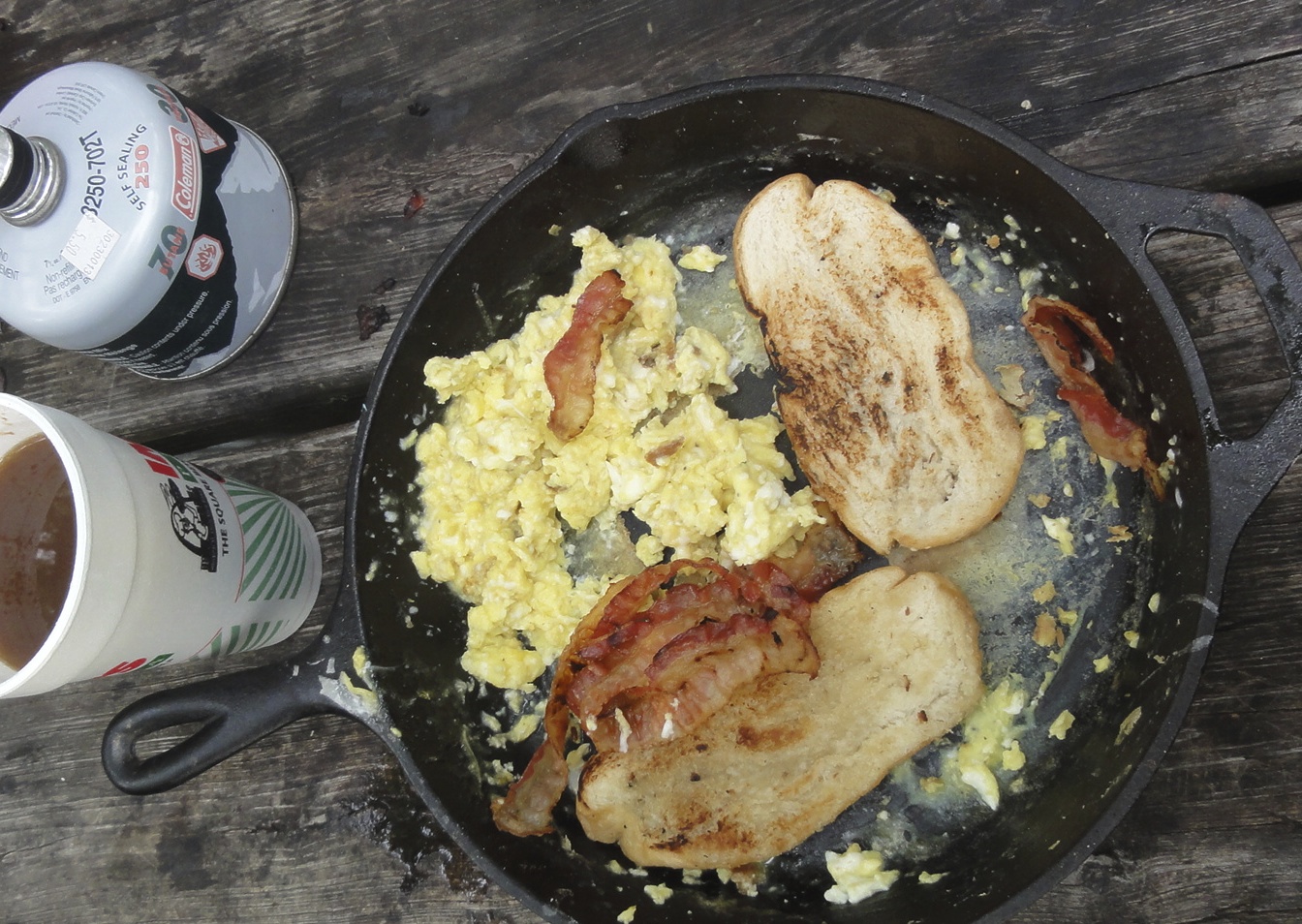 Delicious camp breakfast complete with coffee.