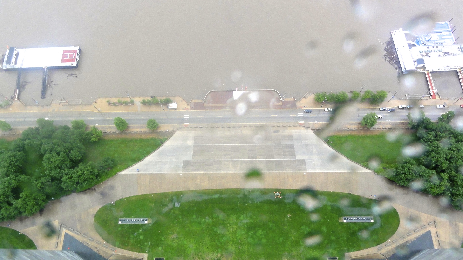 It was raining ridiculously hard when we went to the Arch. We walked there from our car in ponchos as my phone blared alerts about flood warnings, and from the top, we could see the Mississippi about the rise over this street. Then, on our way out, my GPS wanted to take us onto that street (eek!)