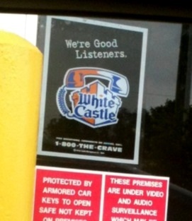 It's a good thing White Castle is good listeners, because we are really, really bad at ordering. We described what we wanted on the four sliders three times at the drive-through speaker and again at the window, and, unintentionally, I think we ordered a different thing each time.