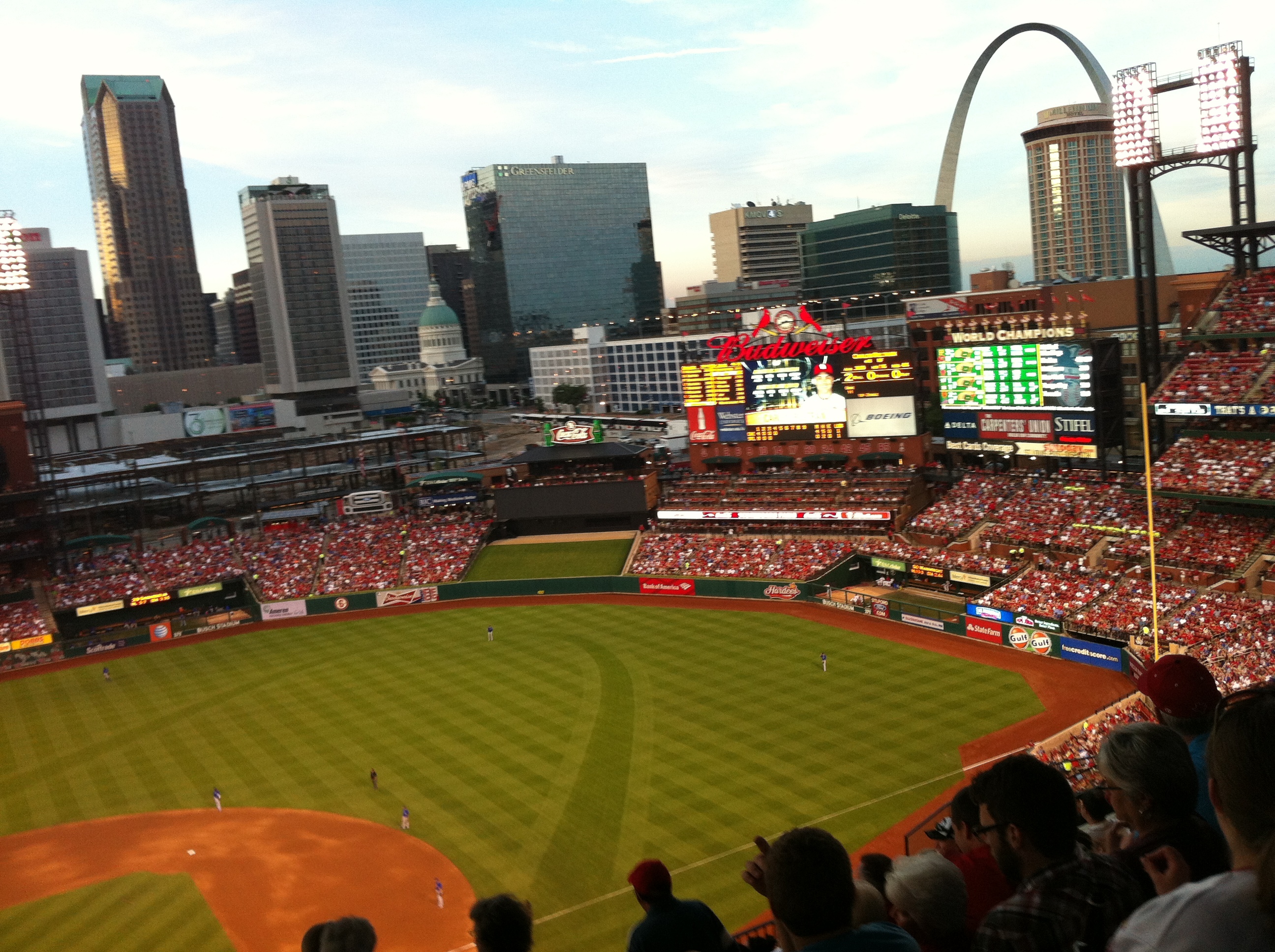 We went to Cardinals games both nights we were in St. Louis. The Cardinals played the Cubs both nights, which was fun because it is a local rivalry and a lot of Cubs fans go to the Cardinals games. We saw lots of couples attending with one person in Cardinals gear and the other in Cubs. The cardinals won the first night and lost the second, but not before an exciting ninth-inning rally that got everyone on their feet screaming.