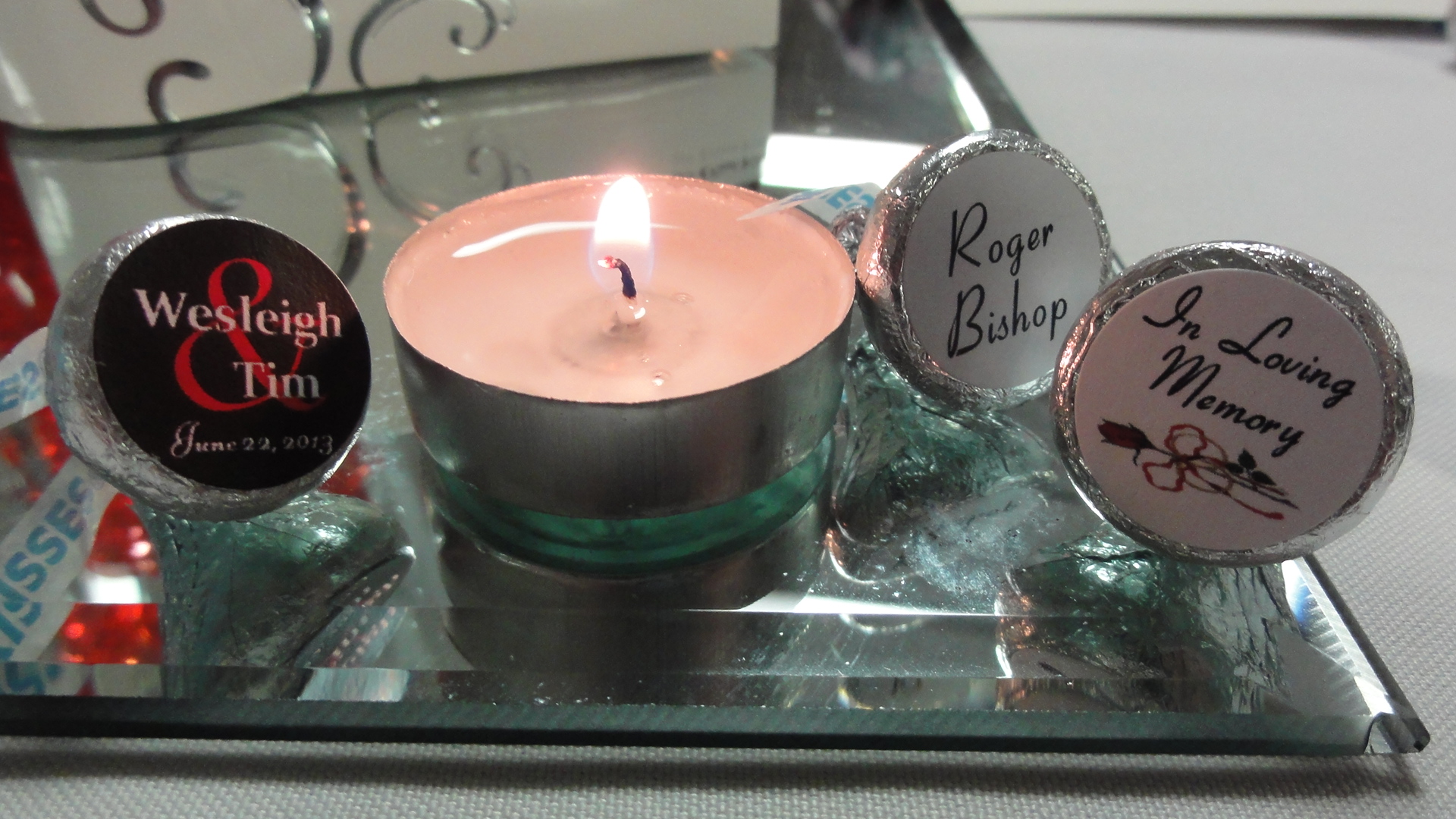 The tables at the reception carried a special tribute to Uncle Roger, who used to throw Hershey's Kisses to students who answered questions correctly in his classes.