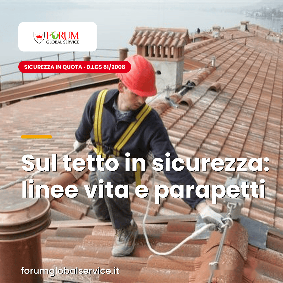 Operatore agganciato a una linea vita sul tetto di un capannone industriale — sicurezza anticaduta