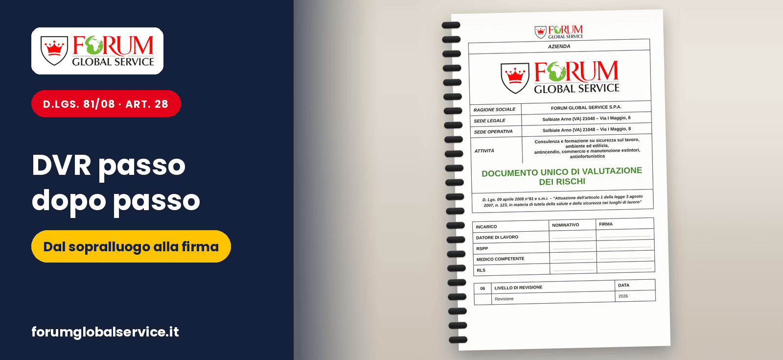 Fac simile di copertina di un DVR, Documento di Valutazione dei Rischi, su un quaderno ad anelli, Forum Global Service