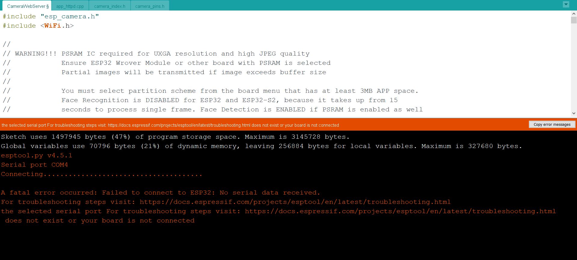 Esp32 cam a fatal error occurred: failed to connect to esp32: no serial