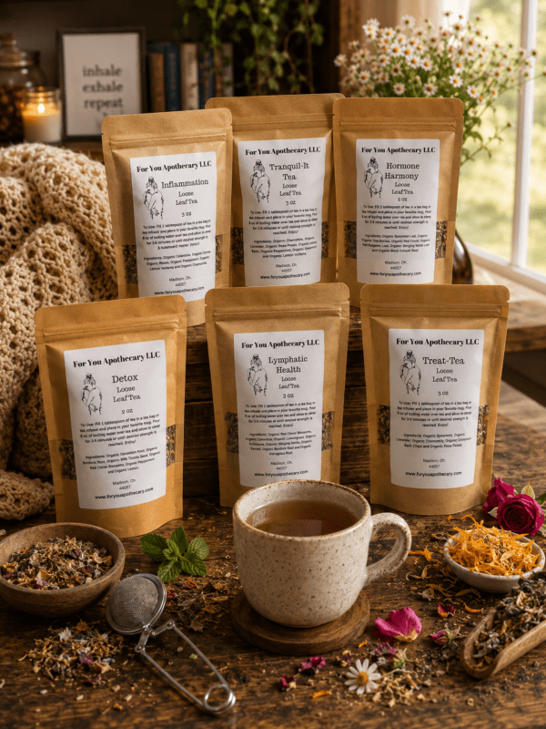 Cozy tea time scene with a warm cup of herbal tea, open book, reading glasses, chunky blanket, dried flowers, and candlelight promoting the Teatime: More Than Just a Cup blog about herbal tea and simple self-care.
