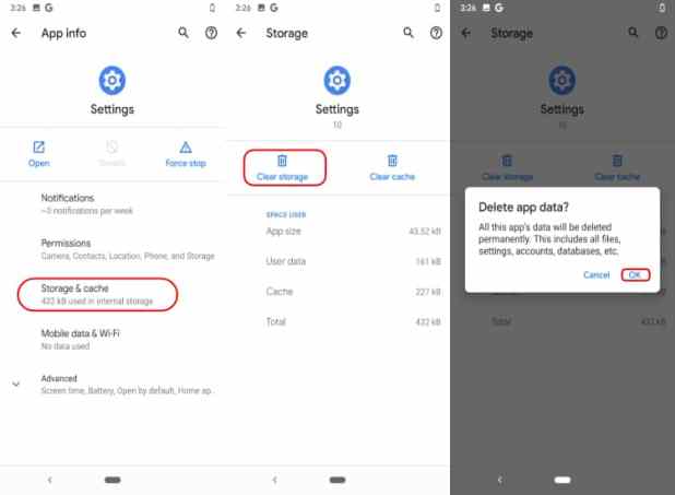 Effacer le stockage des paramètres Masquer les options du développeur