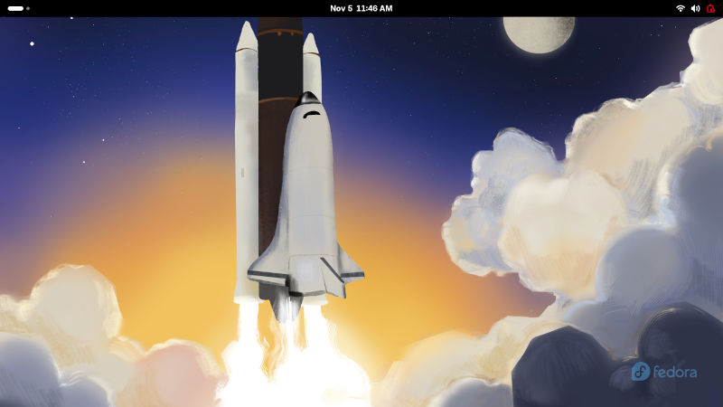 The Fedora 43 Workstation desktop with its Space Shuttle motif.