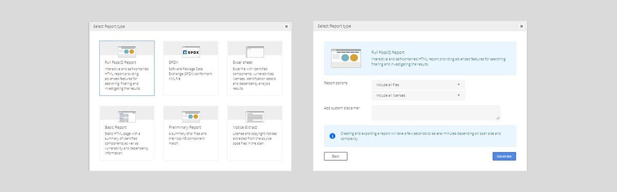 FossID Report creation interface
