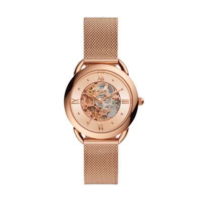 tailor mechanical rose gold-tone stainless steel watch - me3165 - fossil on women's skeleton watch gold