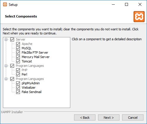 Selecting Required XAMPP Components