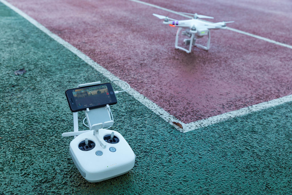 Flying helicopter drone close up