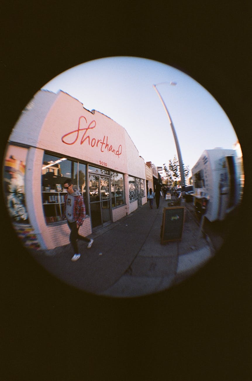 town street reflected in a round mirror