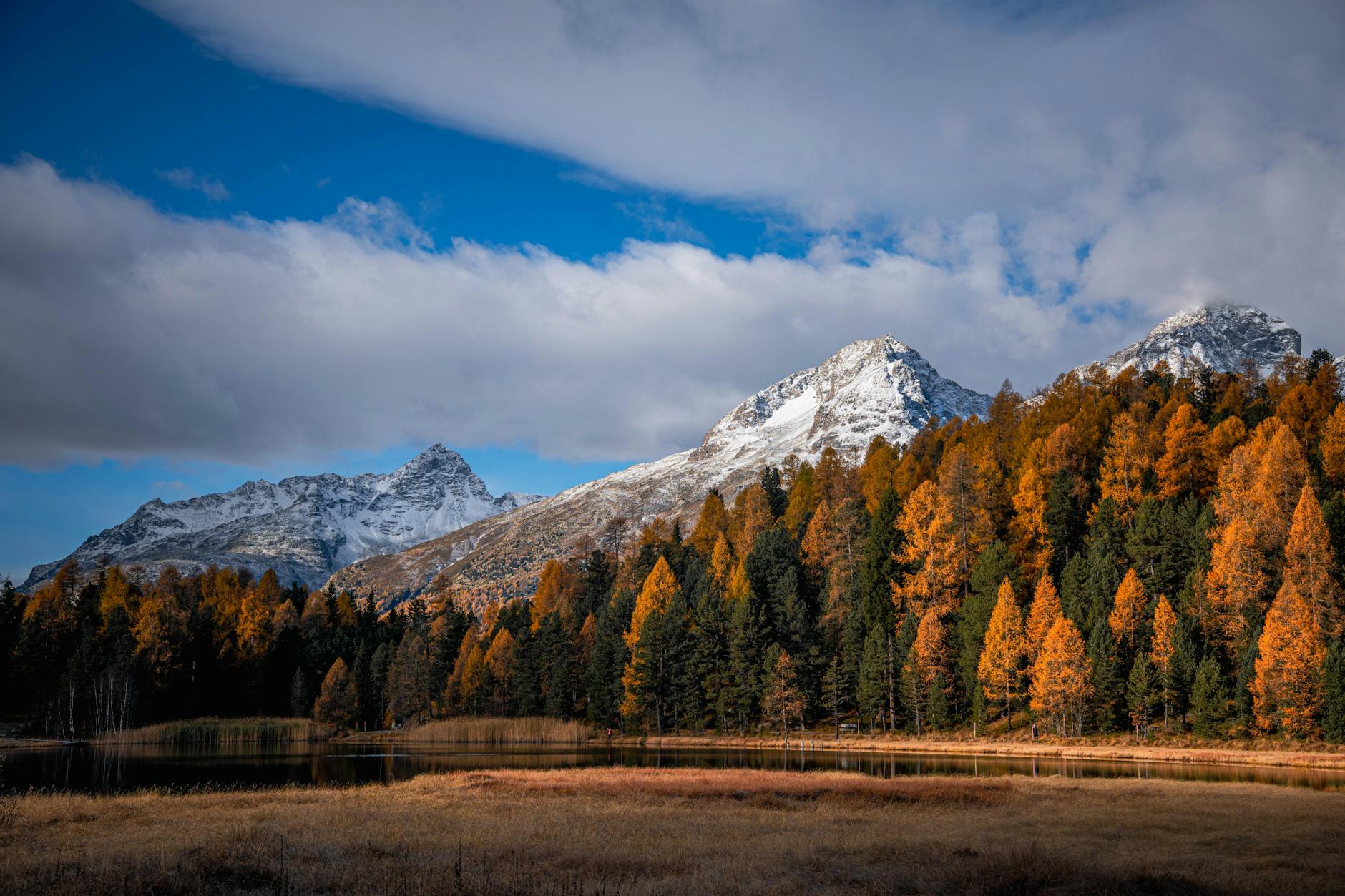 autumn landscape of snow capped mountains in graubunden