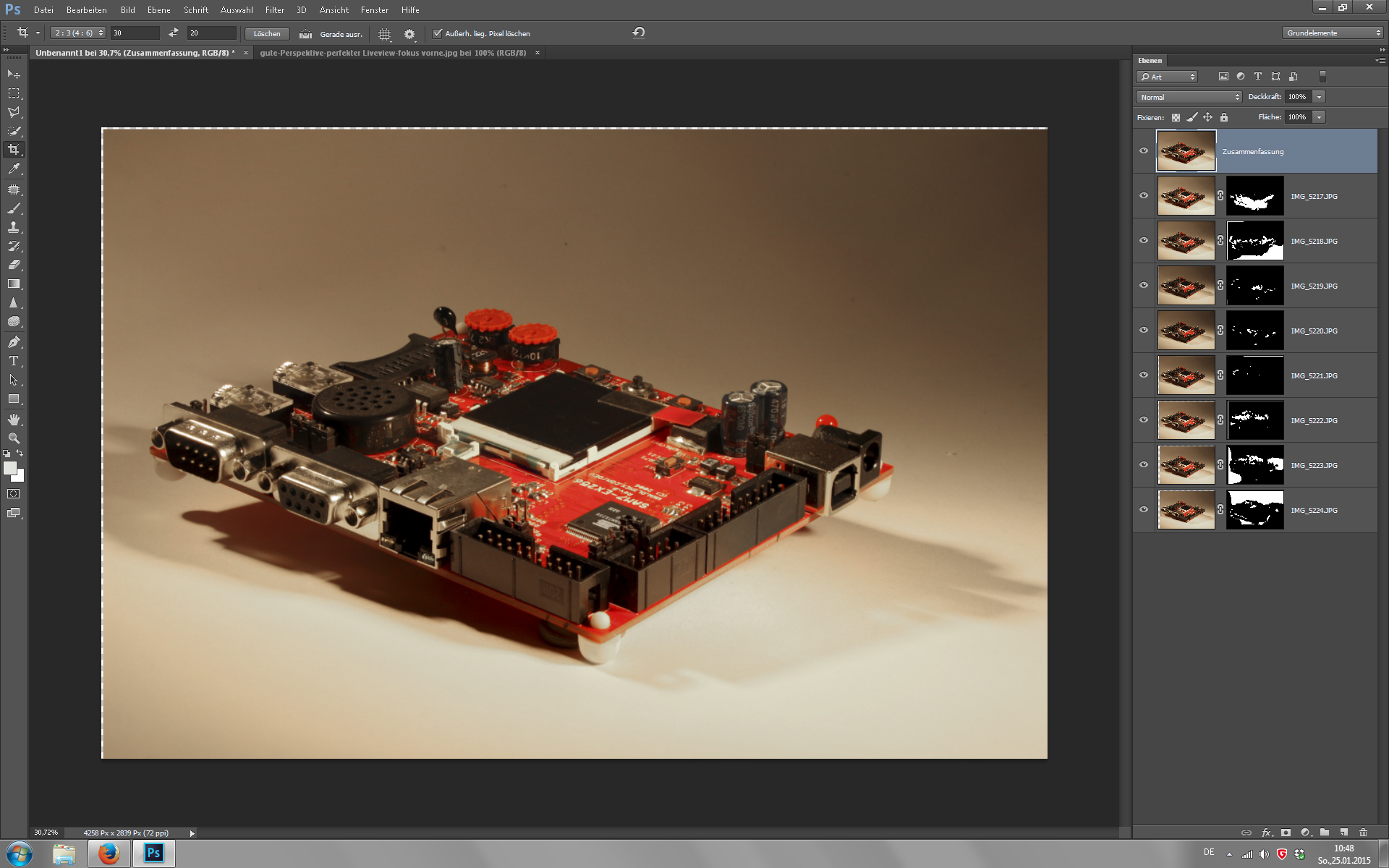 Der Ablauf beim Focusstacking in Photoshop -- Basis waren acht Aufnahmen mit wanderndem Fokus.