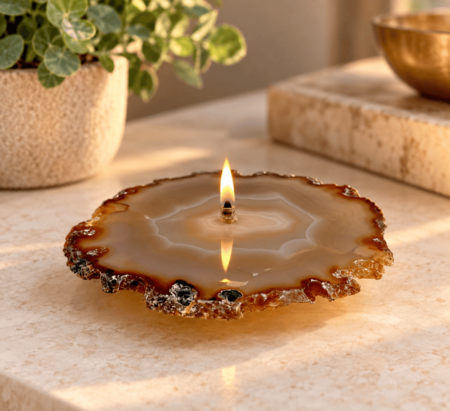 Agate Rock Oil Candle – 5.5” x 6” Handmade Stone Oil Lamp with Starter Oil Pack | Natural Crystal Decor Gift | Found In The Ground Candles