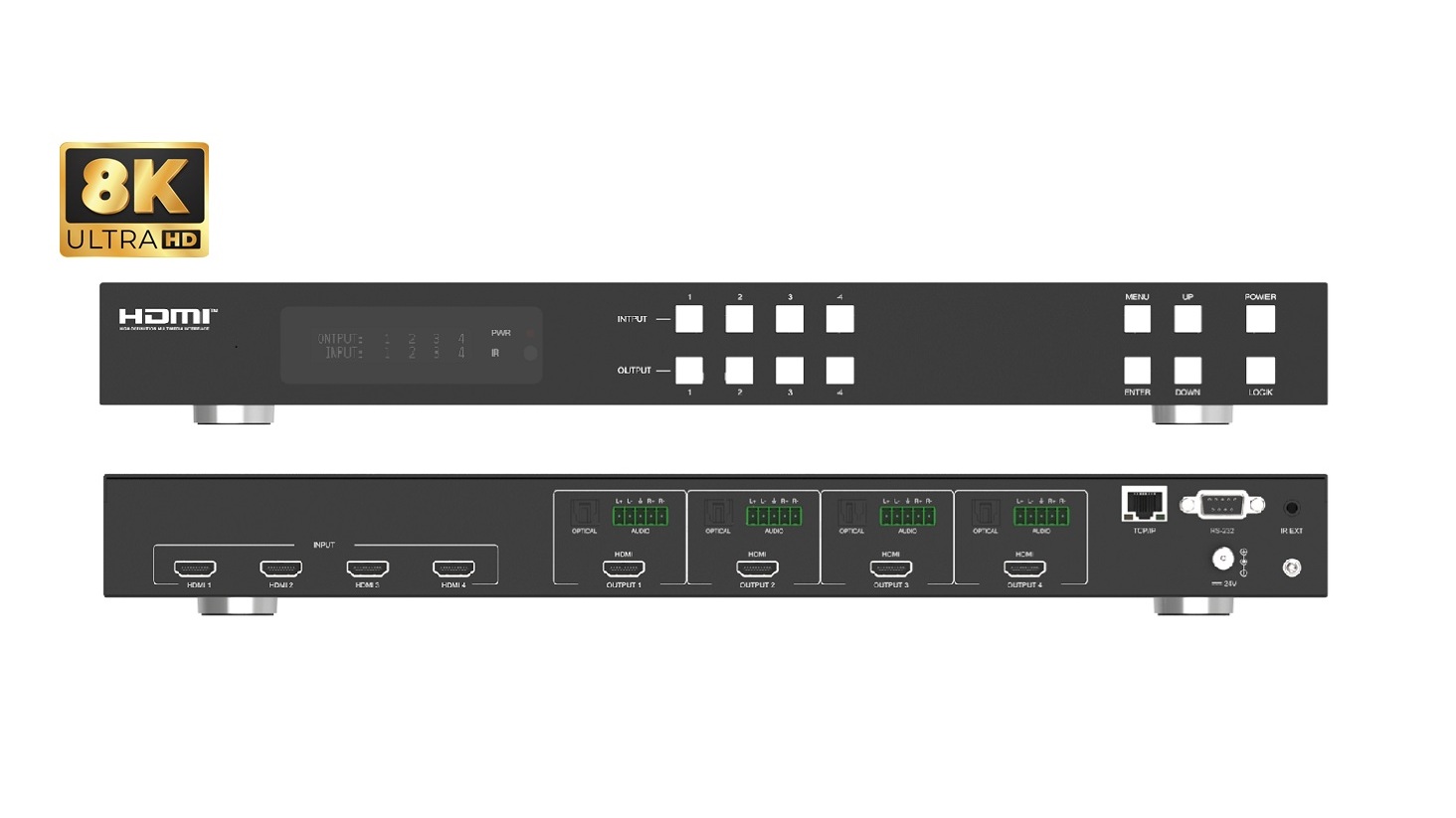 4x4 8K HDMI Matrix Switch. 8K60Hz / 4K120Hz. HDMI 2.1 and HDCP 2.3