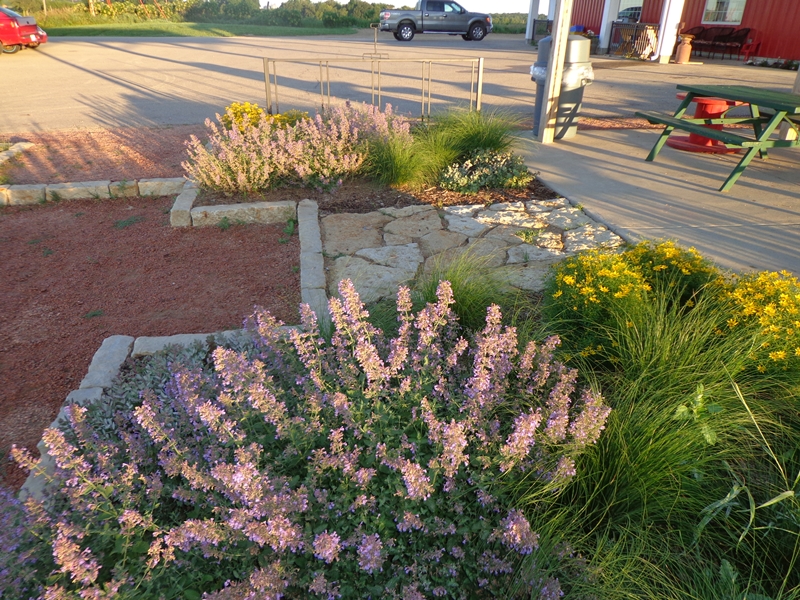 Flagstone landing with limestone curb