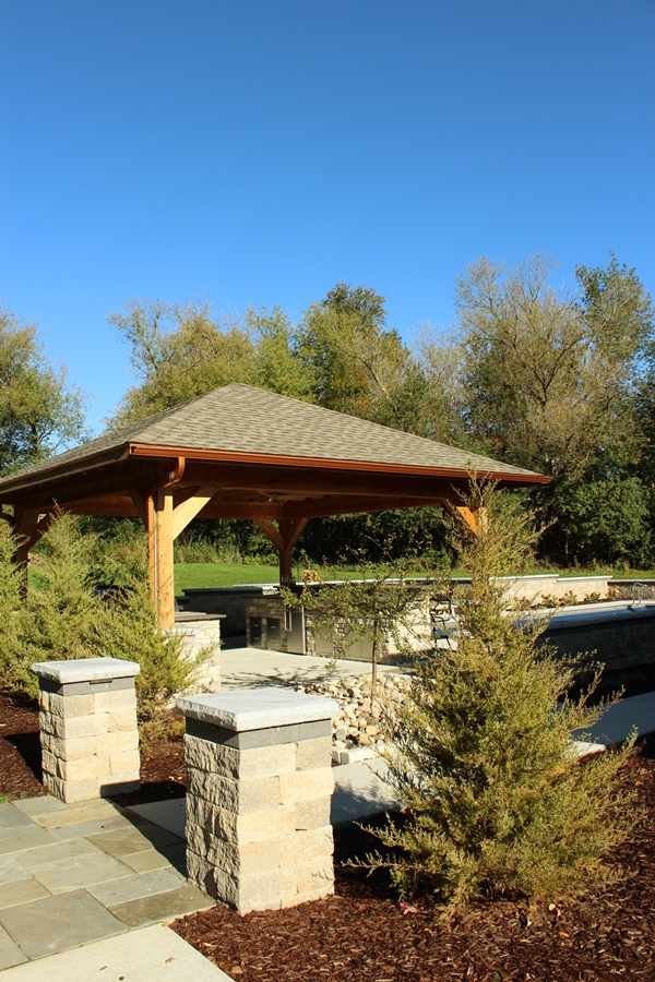 pillars and bluestone paving with pavilion