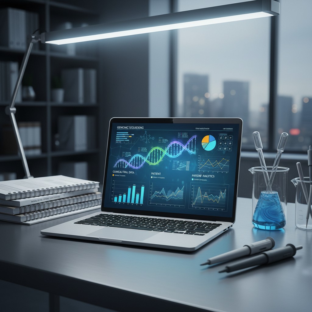 A modern workspace with a laptop displaying a DNA sequence graphic and chemistry beakers on the desk, showcasing a blend o...